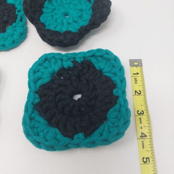 Handmade Crochet Coasters Teal Blue And Black Set Of 4 Square Coasters - Picture 5 of 6